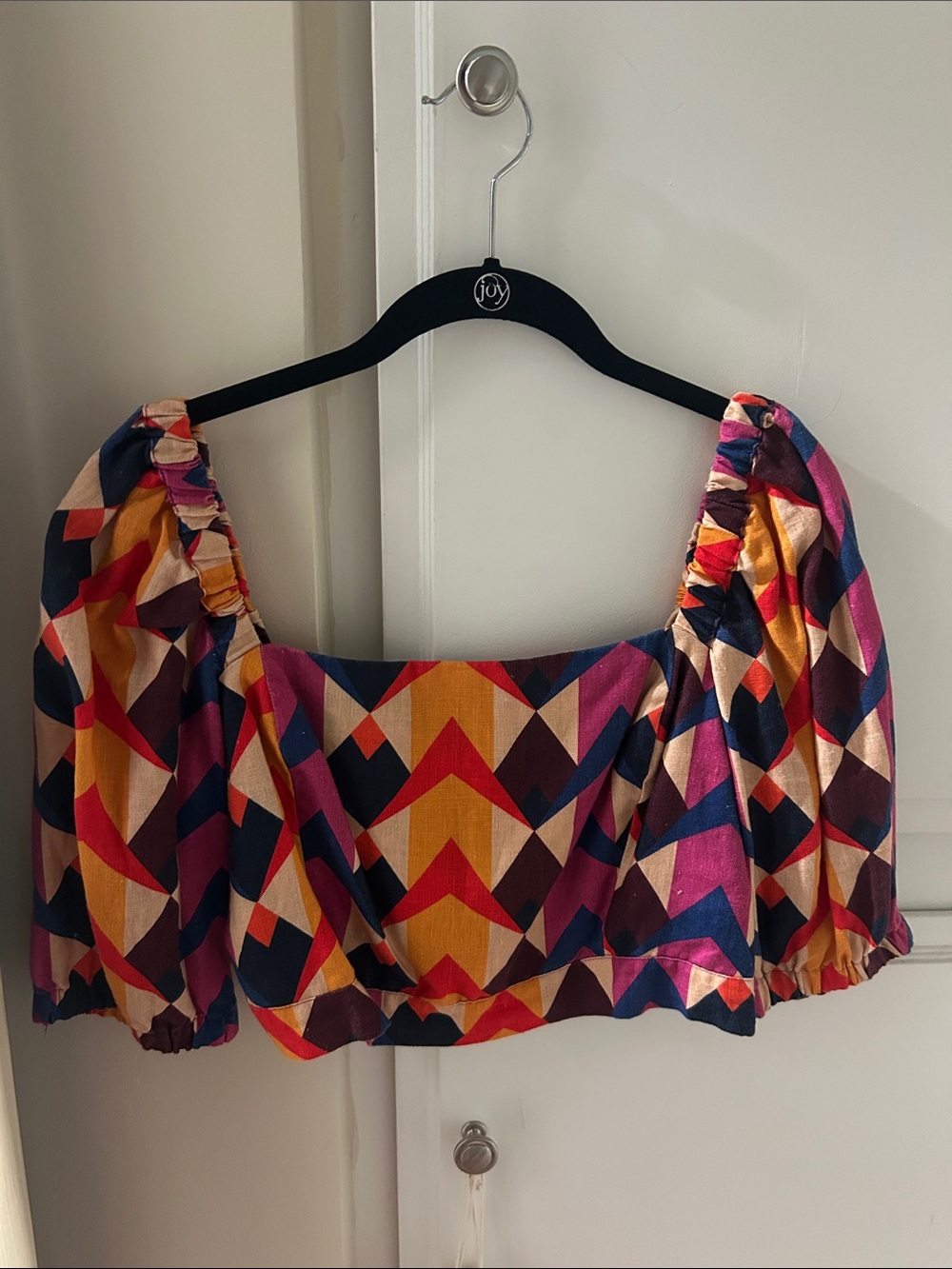 Colorful Geometric Puff-Sleeve Crop Top - Multicolor
